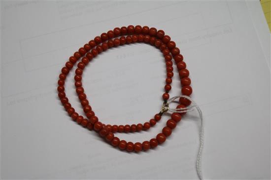 A single strand graduated coral bead necklace, 48cm.